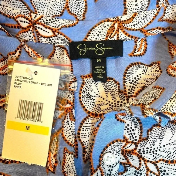 JESSICA SIMPSON SHORT SLEEVE BUTTON DOWN BLUE FLORAL BLOUSE WOMENS SIZE M NWT - Picture 5 of 5